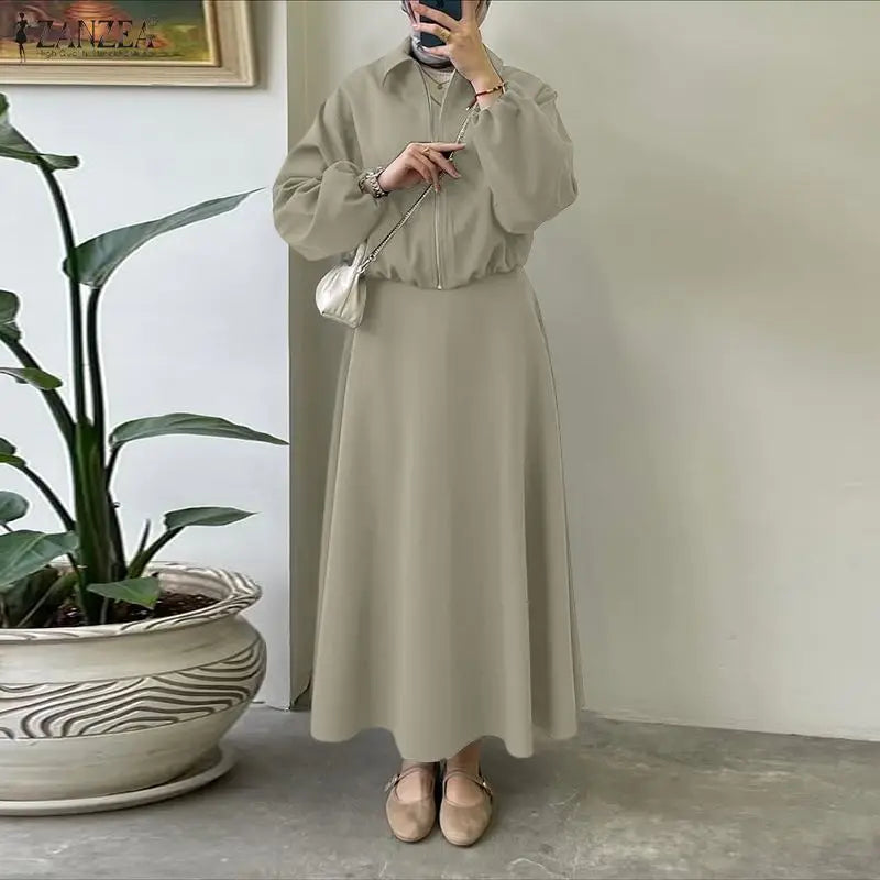 ZANZEA Trajes de falda para mujeres musulmanas, chaquetas de manga larga con cremallera y faldas largas en forma de A, conjuntos de 2 piezas, atuendos informales islámicos Hijabis