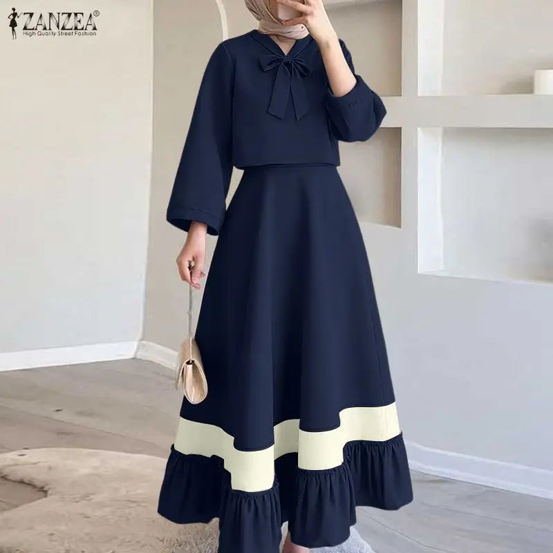 Conjuntos de Dos Piezas Elegantes ZANZEA para Mujer, Primavera, Blusa de Manga Larga con Lazo, Traje de Vestir, Moda Musulmana 2026, Conjuntos Combinados