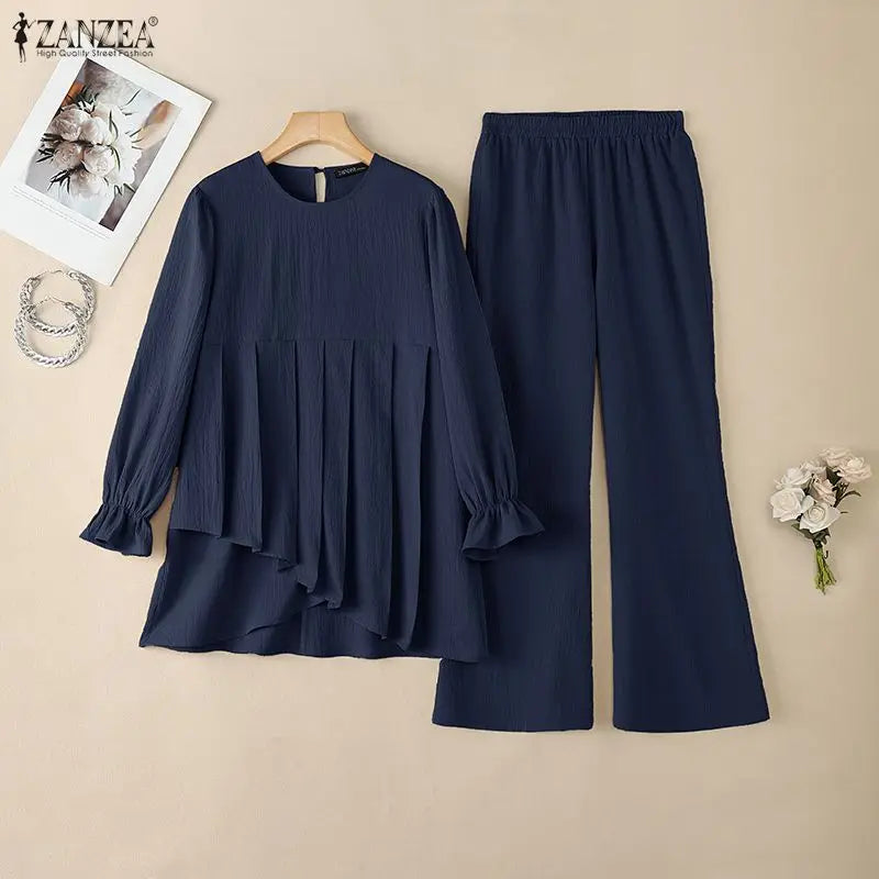Conjunto de Pantalón y Blusa de Moda Modesta para Mujer Musulmana, Pantalón de Pierna Ancha y Blusa de Manga Larga con Dobladillo Plisado, 2 Piezas, ZANZEA, Atuendos Islámicos