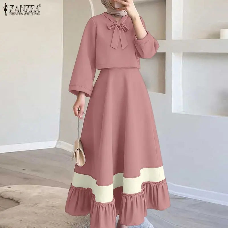 Conjuntos de Dos Piezas Elegantes ZANZEA para Mujer, Primavera, Blusa de Manga Larga con Lazo, Traje de Vestir, Moda Musulmana 2026, Conjuntos Combinados