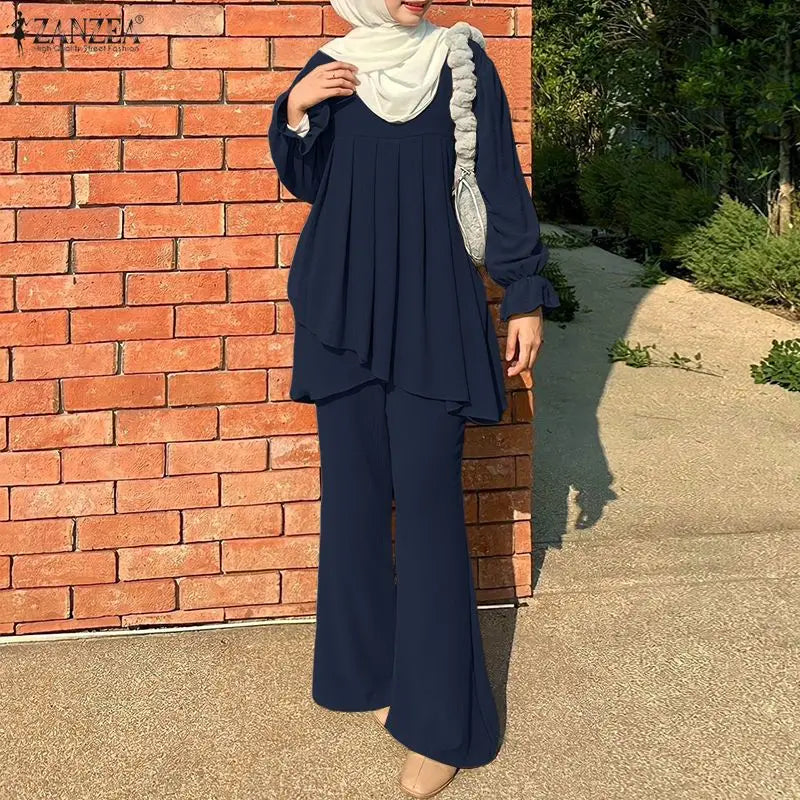 Conjunto de Pantalón y Blusa de Moda Modesta para Mujer Musulmana, Pantalón de Pierna Ancha y Blusa de Manga Larga con Dobladillo Plisado, 2 Piezas, ZANZEA, Atuendos Islámicos
