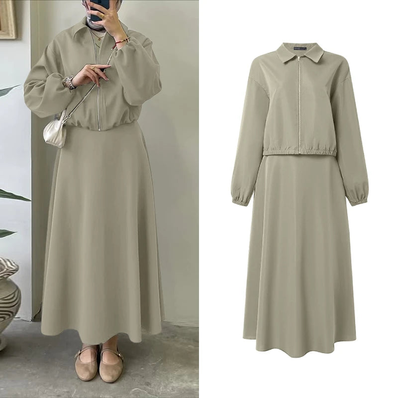 ZANZEA Trajes de falda para mujeres musulmanas, chaquetas de manga larga con cremallera y faldas largas en forma de A, conjuntos de 2 piezas, atuendos informales islámicos Hijabis