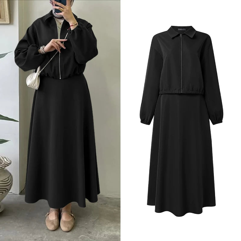 ZANZEA Trajes de falda para mujeres musulmanas, chaquetas de manga larga con cremallera y faldas largas en forma de A, conjuntos de 2 piezas, atuendos informales islámicos Hijabis