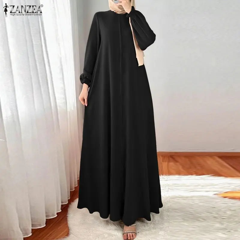 ZANZEA Vestido Maxi Musulmán Modesto, Hijabs, Vestidos Largos Holgados con Cuello Redondo y Manga Larga para Mujer, Abaya de Ramadán, Tallas hasta 3XL