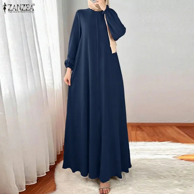 ZANZEA Vestido Maxi Musulmán Modesto, Hijabs, Vestidos Largos Holgados con Cuello Redondo y Manga Larga para Mujer, Abaya de Ramadán, Tallas hasta 3XL
