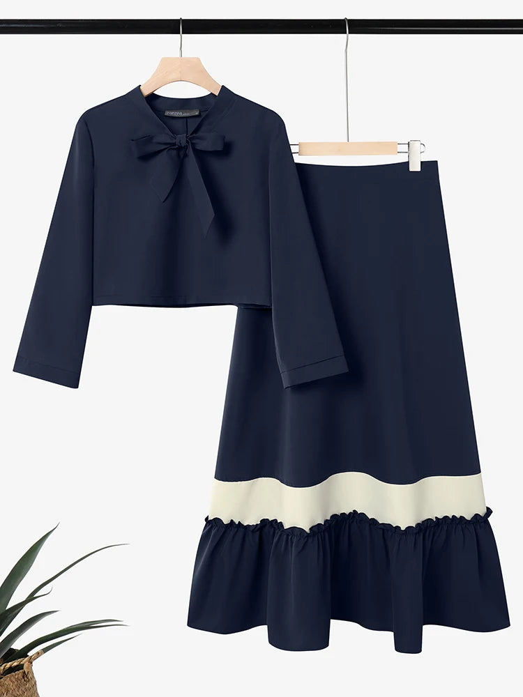 Conjuntos de Dos Piezas Elegantes ZANZEA para Mujer, Primavera, Blusa de Manga Larga con Lazo, Traje de Vestir, Moda Musulmana 2026, Conjuntos Combinados