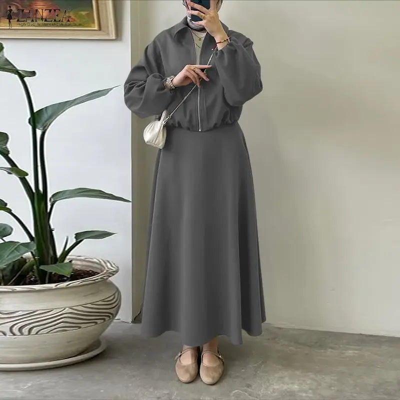 ZANZEA Trajes de falda para mujeres musulmanas, chaquetas de manga larga con cremallera y faldas largas en forma de A, conjuntos de 2 piezas, atuendos informales islámicos Hijabis
