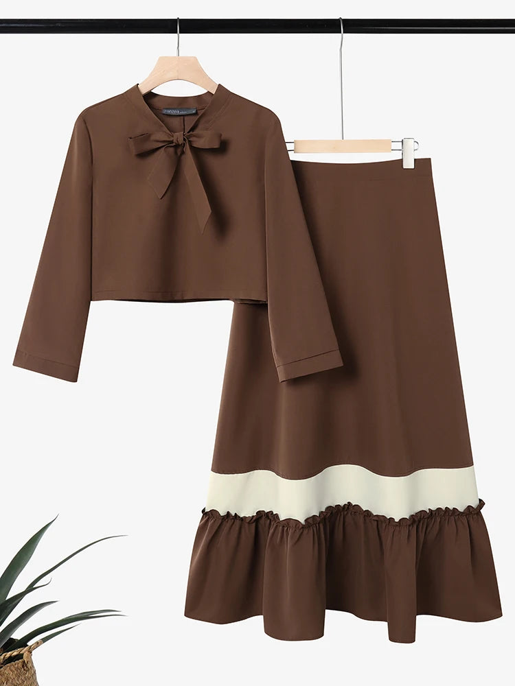 Conjuntos de Dos Piezas Elegantes ZANZEA para Mujer, Primavera, Blusa de Manga Larga con Lazo, Traje de Vestir, Moda Musulmana 2026, Conjuntos Combinados