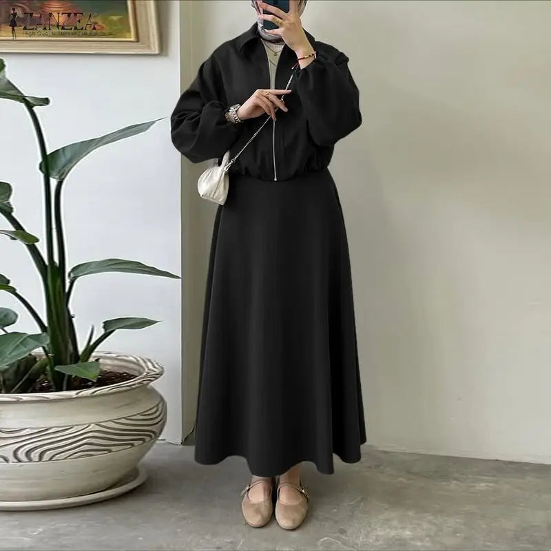 ZANZEA Trajes de falda para mujeres musulmanas, chaquetas de manga larga con cremallera y faldas largas en forma de A, conjuntos de 2 piezas, atuendos informales islámicos Hijabis