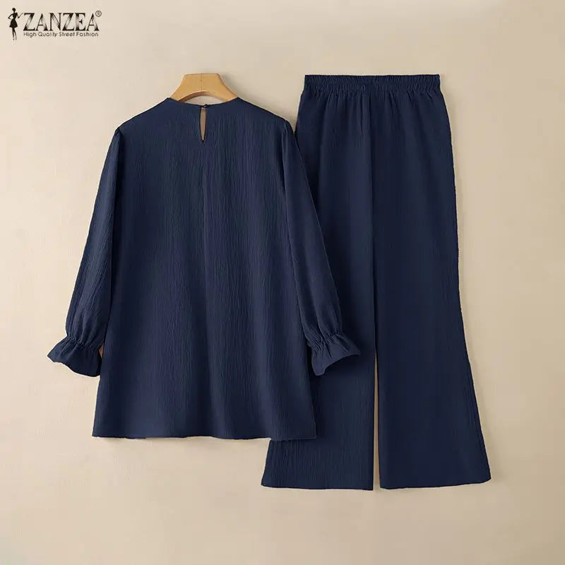 Conjunto de Pantalón y Blusa de Moda Modesta para Mujer Musulmana, Pantalón de Pierna Ancha y Blusa de Manga Larga con Dobladillo Plisado, 2 Piezas, ZANZEA, Atuendos Islámicos
