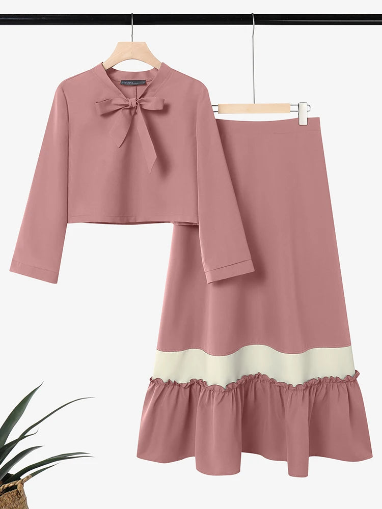Conjuntos de Dos Piezas Elegantes ZANZEA para Mujer, Primavera, Blusa de Manga Larga con Lazo, Traje de Vestir, Moda Musulmana 2026, Conjuntos Combinados