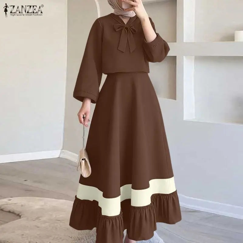 Conjuntos de Dos Piezas Elegantes ZANZEA para Mujer, Primavera, Blusa de Manga Larga con Lazo, Traje de Vestir, Moda Musulmana 2026, Conjuntos Combinados