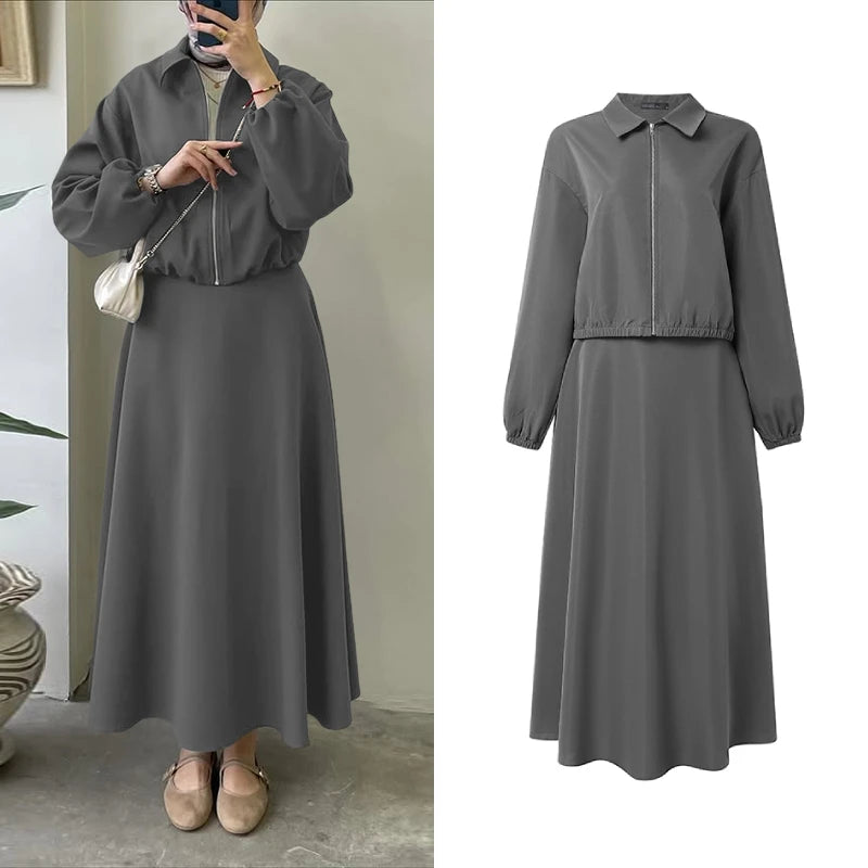 ZANZEA Trajes de falda para mujeres musulmanas, chaquetas de manga larga con cremallera y faldas largas en forma de A, conjuntos de 2 piezas, atuendos informales islámicos Hijabis