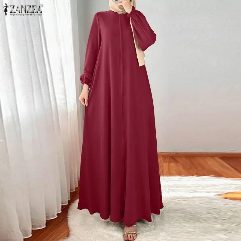 ZANZEA Vestido Maxi Musulmán Modesto, Hijabs, Vestidos Largos Holgados con Cuello Redondo y Manga Larga para Mujer, Abaya de Ramadán, Tallas hasta 3XL